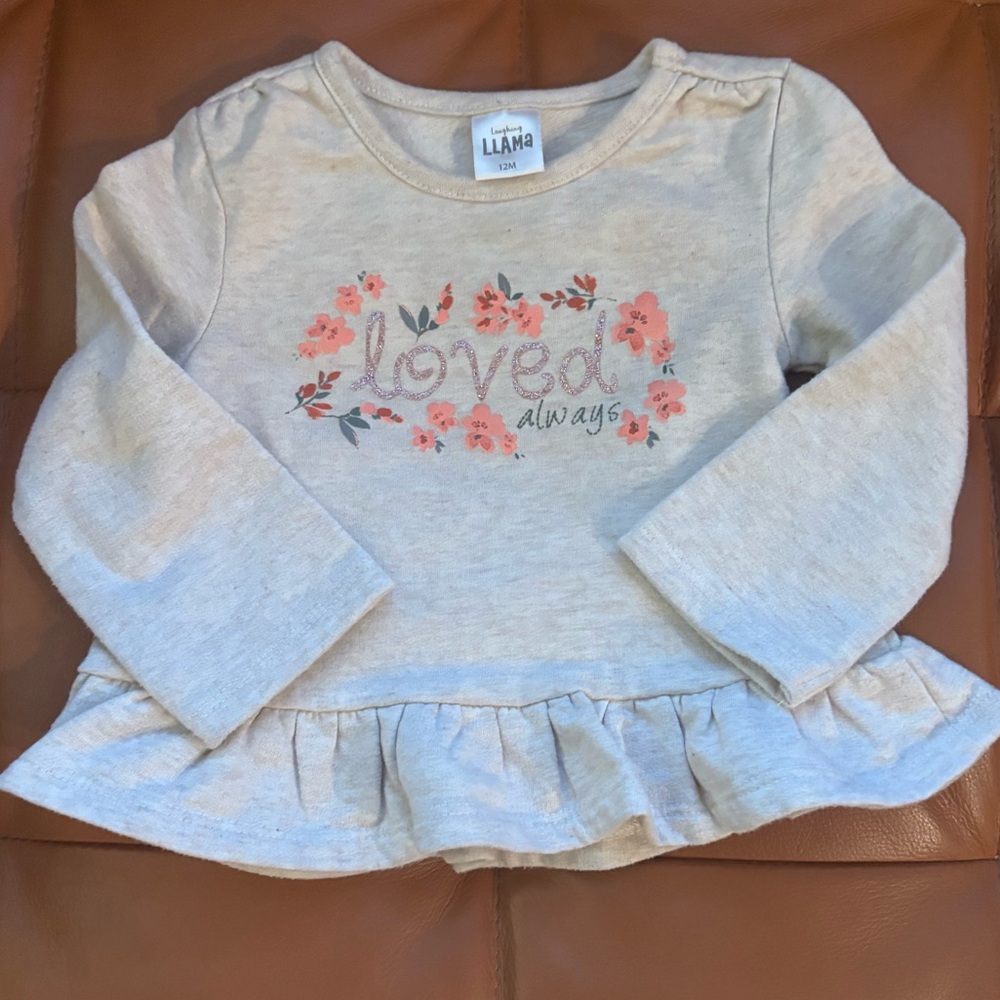 Laughing Llama 12 mo. girls “Loved Always” long sleeved top w/ floral design